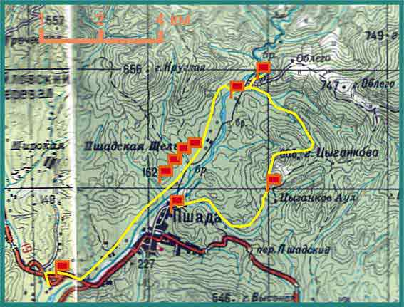 70 дольменов Пшады - карта расположение